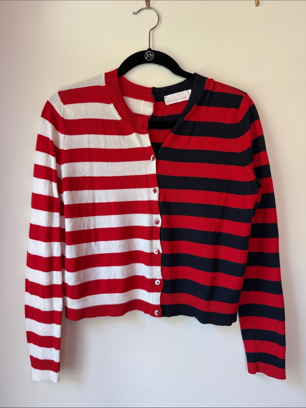 Women's Striped Button-Front Cardigan Sweater in Red, White & Black